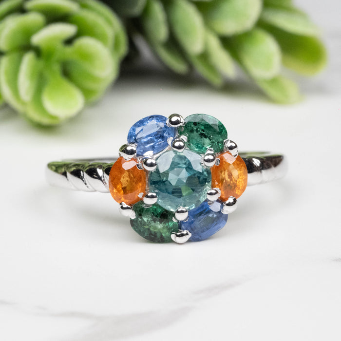 Emerald + Kyanite + Spessartine Garnet Ring 4mm-5mm Size 9