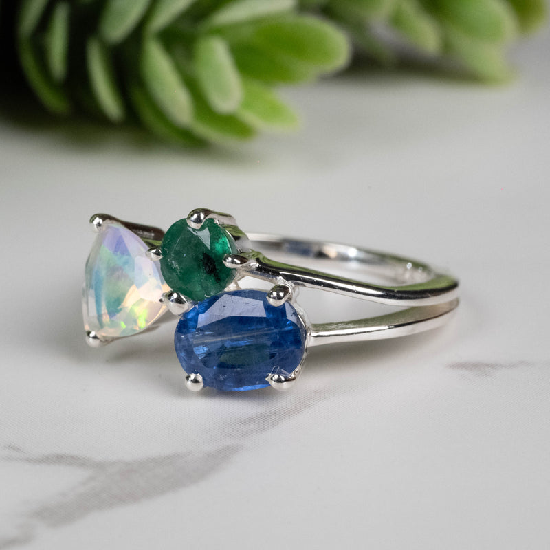 Emerald + Kyanite + Opal Ring 4mm-7mm Size 5