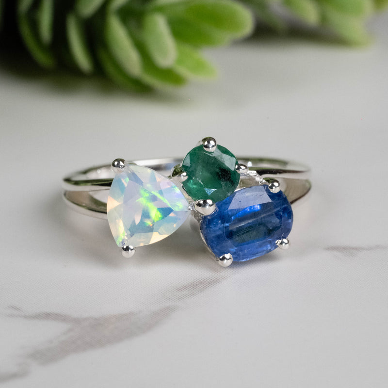 Emerald + Kyanite + Opal Ring 4mm-7mm Size 5