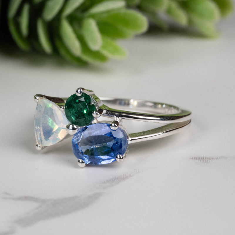 Emerald + Kyanite + Opal Ring 4mm-7mm Size 6