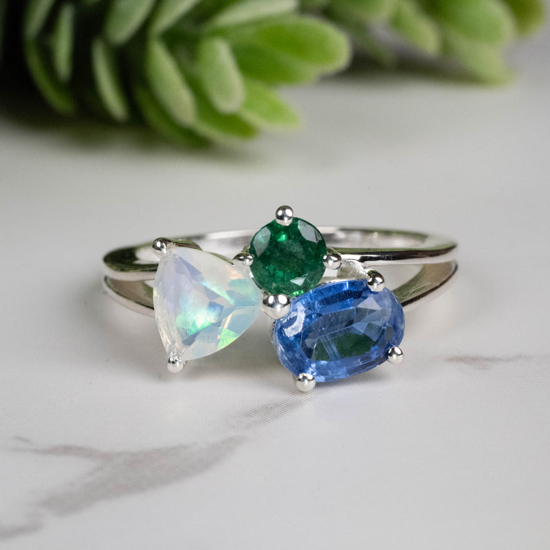Emerald + Kyanite + Opal Ring 4mm-7mm Size 6
