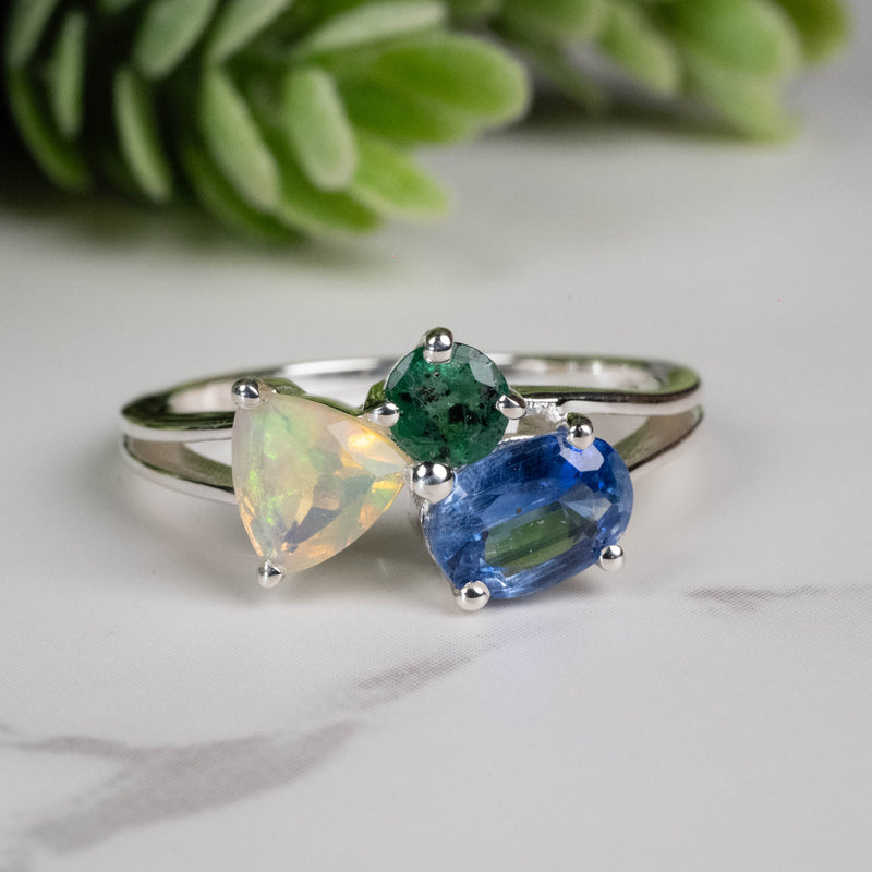 Emerald + Kyanite + Opal Ring 4mm-7mm Size 7