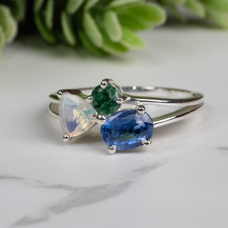 Emerald + Kyanite + Opal Ring 4mm-7mm Size 8