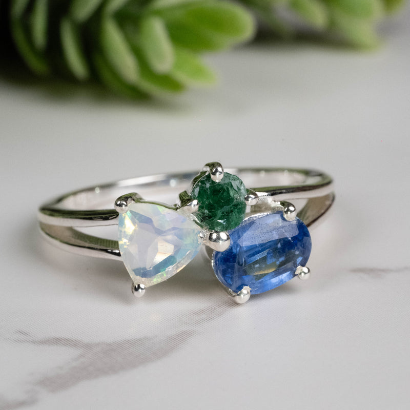 Emerald + Kyanite + Opal Ring 4mm-7mm Size 8