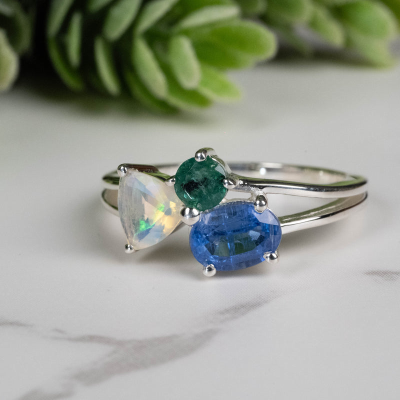 Emerald + Kyanite + Opal Ring 4mm-7mm Size 8