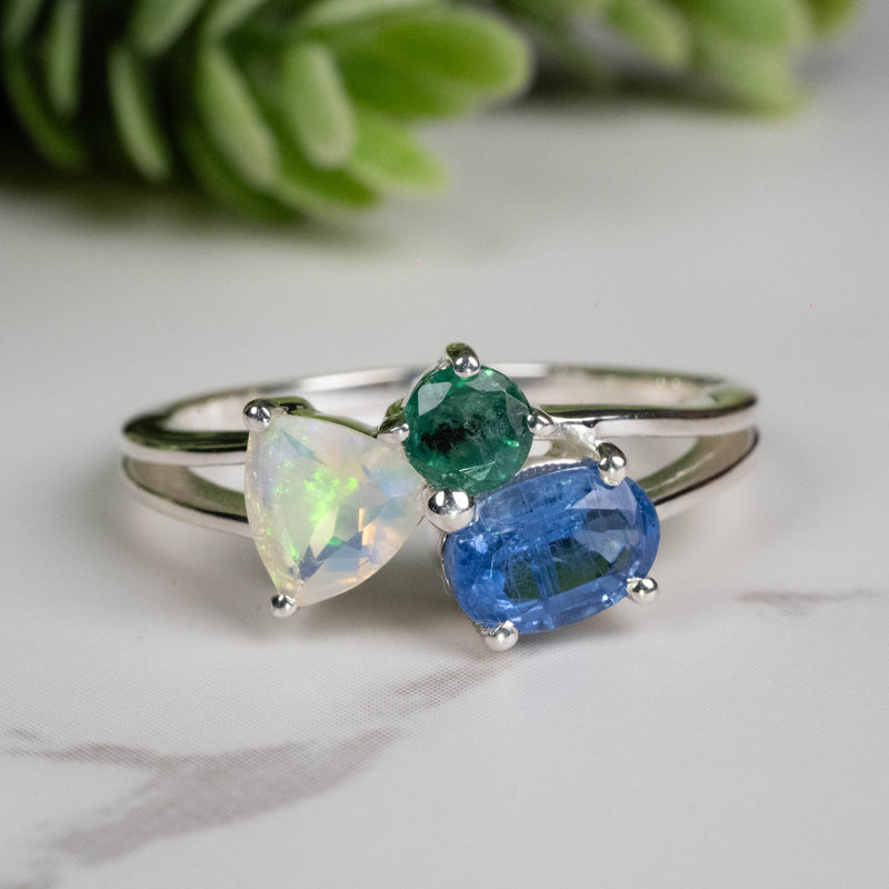 Emerald + Kyanite + Opal Ring 4mm-7mm Size 8