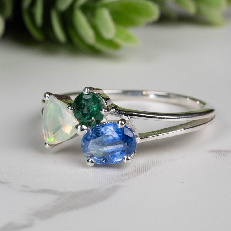 Emerald + Kyanite + Opal Ring 4mm-7mm Size 10