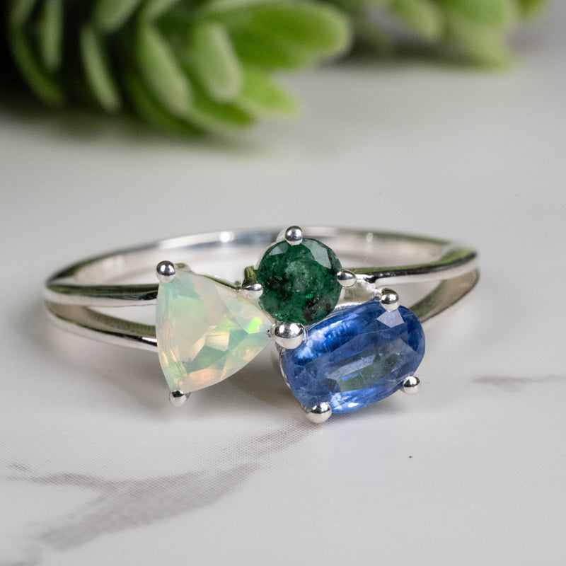 Emerald + Kyanite + Opal Ring 4mm-7mm Size 10
