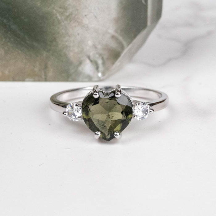 Moldavite + CZ Ring 8mm Size 7.5