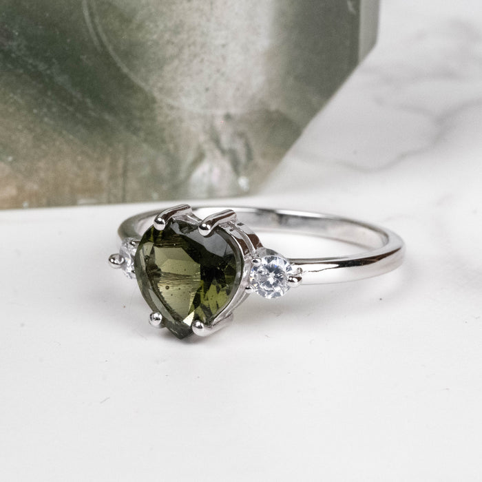 Moldavite + CZ Ring 8mm Size 8