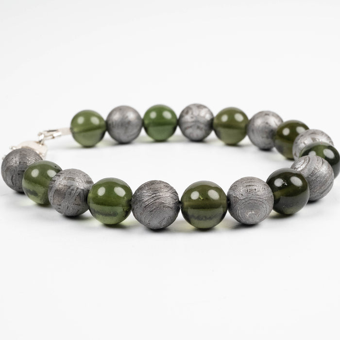 Moldavite + Aletai Meteorite Bead Bracelet 8.25" .925 Silver