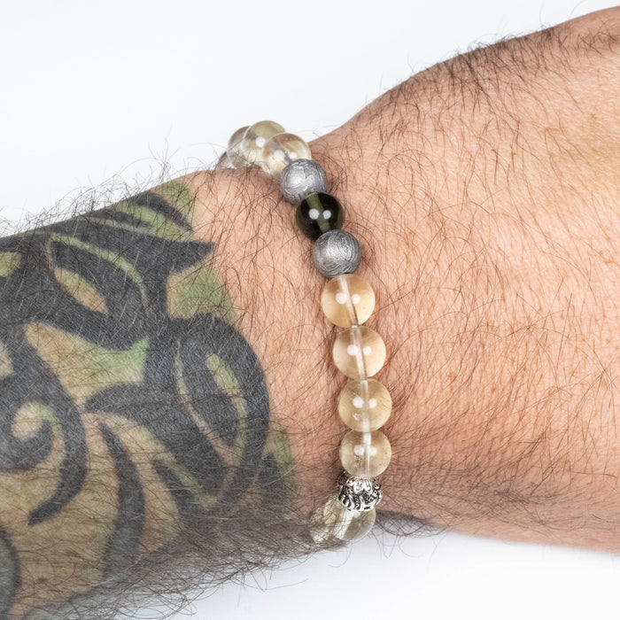 Moldavite + Libyan Desert Glass + Meteorite + Silver OM 8mm Bead Bracelet 7.5"