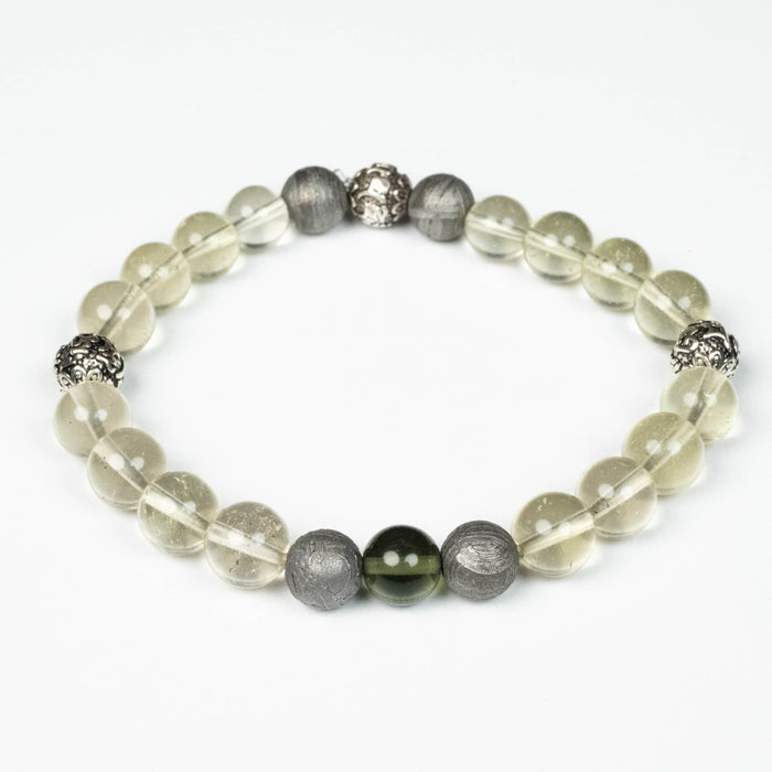 Moldavite + Libyan Desert Glass + Meteorite + Silver OM 8mm Bead Bracelet 7.5"