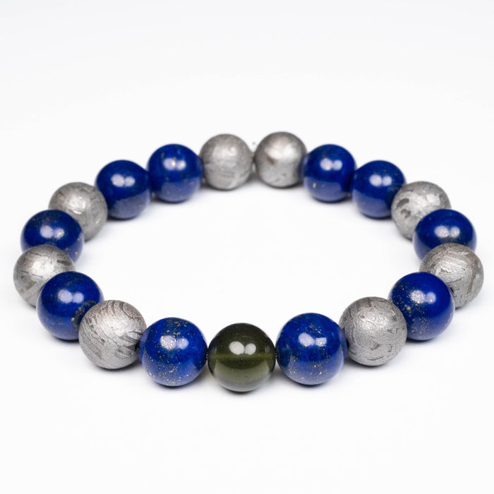 Moldavite + Lapis Lazuli + Meteorite 9.5mm/10mmBead Bracelet 7"