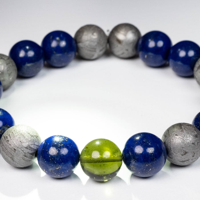 Moldavite + Lapis Lazuli + Meteorite 9.5mm/10mmBead Bracelet 7"