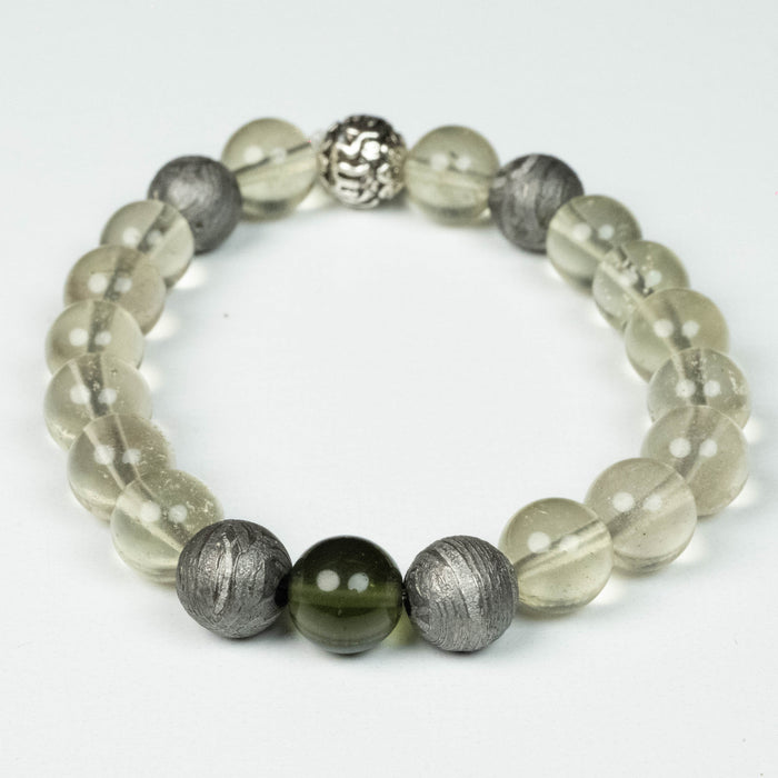 Moldavite + Libyan Desert Glass + Meteorite + Silver OM 8mm Bead Bracelet 6"