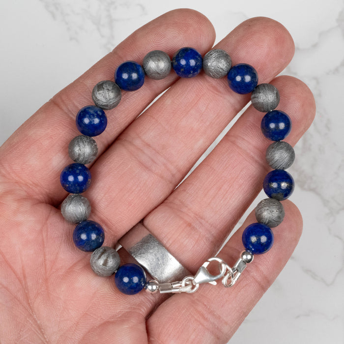 Aletai Meteorite  + Lapis Lazuli 8mm Bead Bracelet 7" .925 Silver