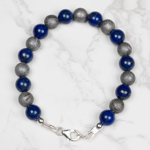 Aletai Meteorite + Lapis Lazuli 8mm Bead Bracelet 7" .925 Silver - InnerVision Crystals