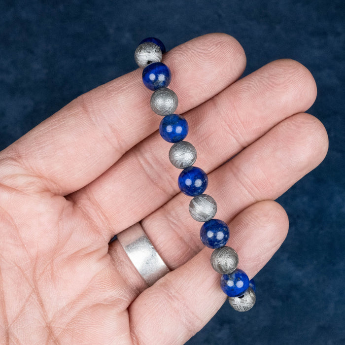 Aletai Meteorite + Lapis Lazuli 8mm Bead Bracelet 7" .925 Silver - InnerVision Crystals