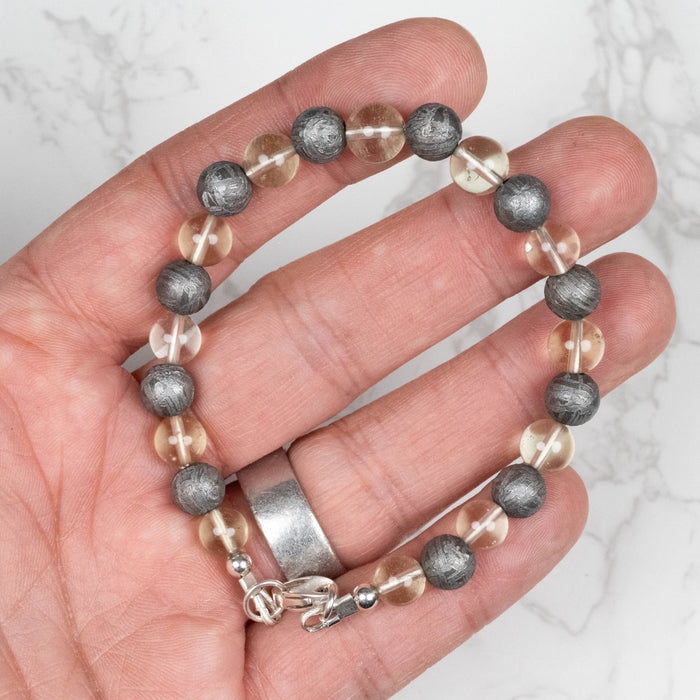 Aletai Meteorite + Libyan Desert Glass Bead Bracelet 8" .925 Silver - InnerVision Crystals