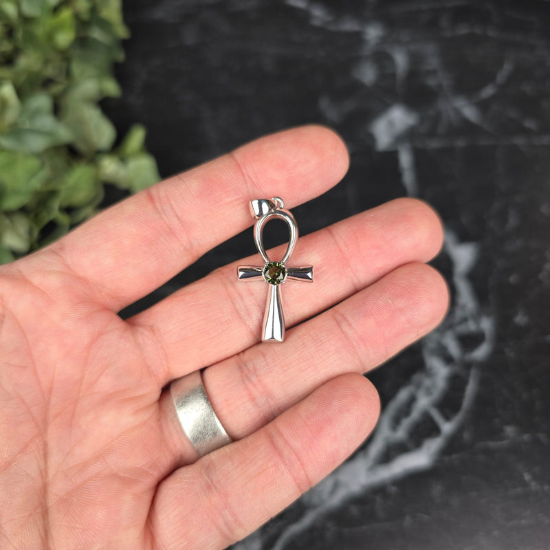 Ankh Pendant | Moldavite Gemstone .925 Silver - InnerVision Crystals