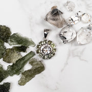 Herkimer Diamond Quartz + Moldavite Mandala Pendant .925 Silver - InnerVision Crystals