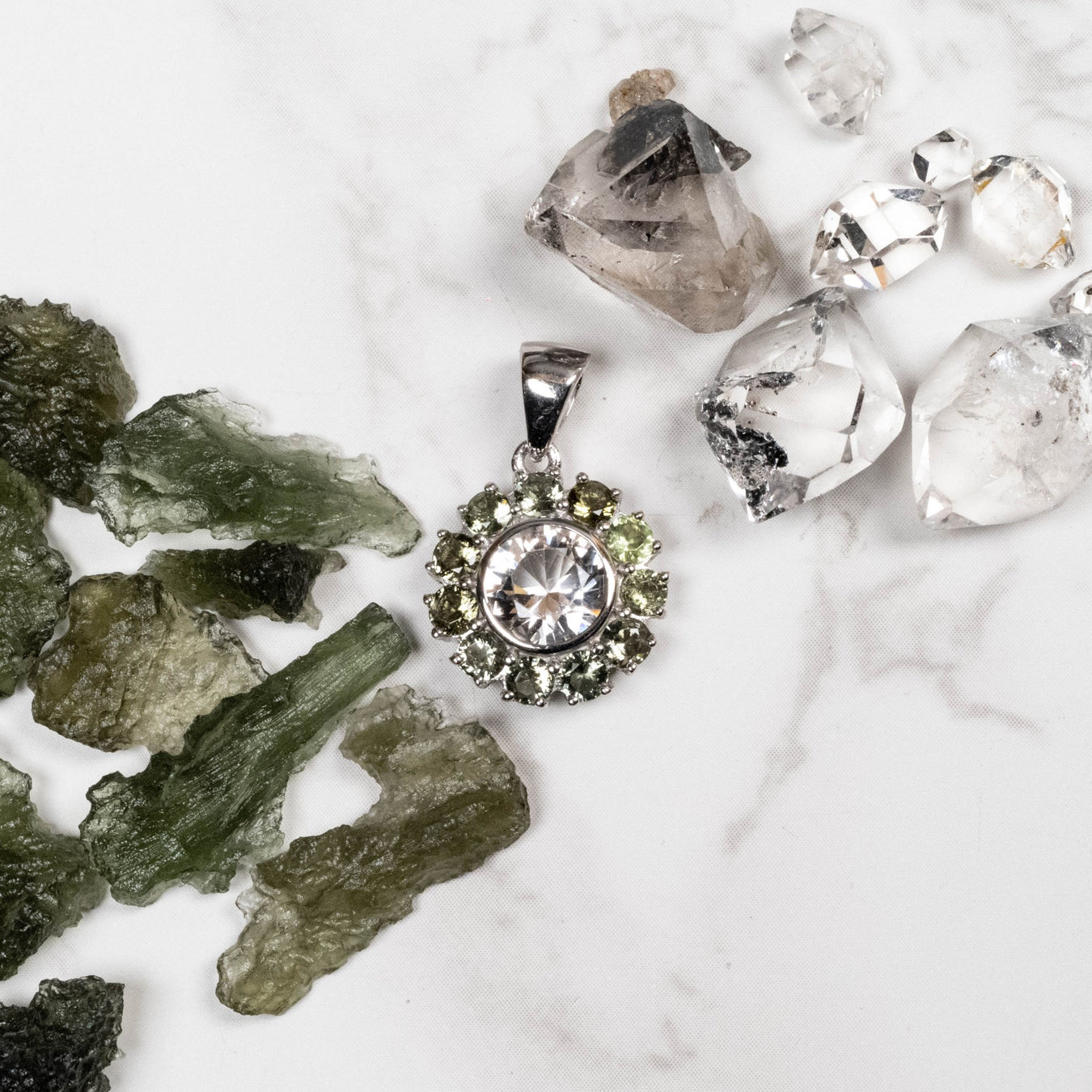 Herkimer Diamond Quartz + Moldavite Mandala Pendant .925 Silver - InnerVision Crystals