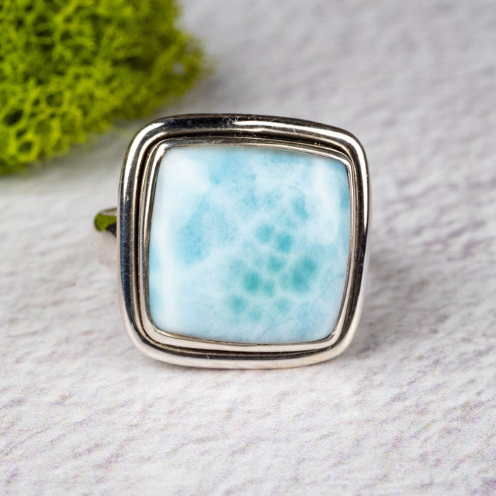 Larimar Ring 14mm Size 8 .925 Silver - InnerVision Crystals