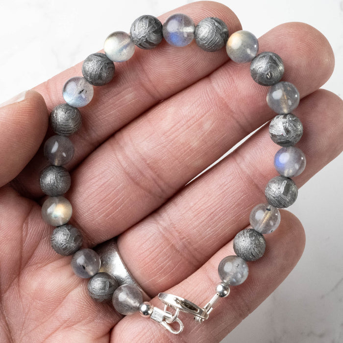 Meteorite + Labradorite Bead Bracelet 8" .925 Silver - InnerVision Crystals