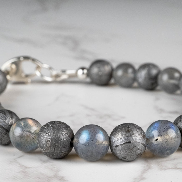 Meteorite + Labradorite Bead Bracelet 8" .925 Silver - InnerVision Crystals