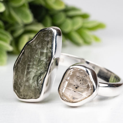 Moldavite 18mm + Herkimer Diamond 9mm Ring Size 10 .925 Silver - InnerVision Crystals