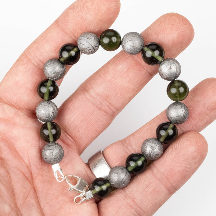 Moldavite + Aletai Meteorite Bead Bracelet 8.25" .925 Silver - InnerVision Crystals