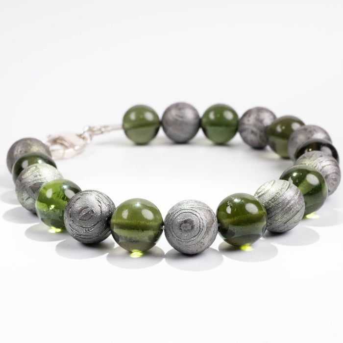 Moldavite + Aletai Meteorite Bead Bracelet 8.25" .925 Silver - InnerVision Crystals