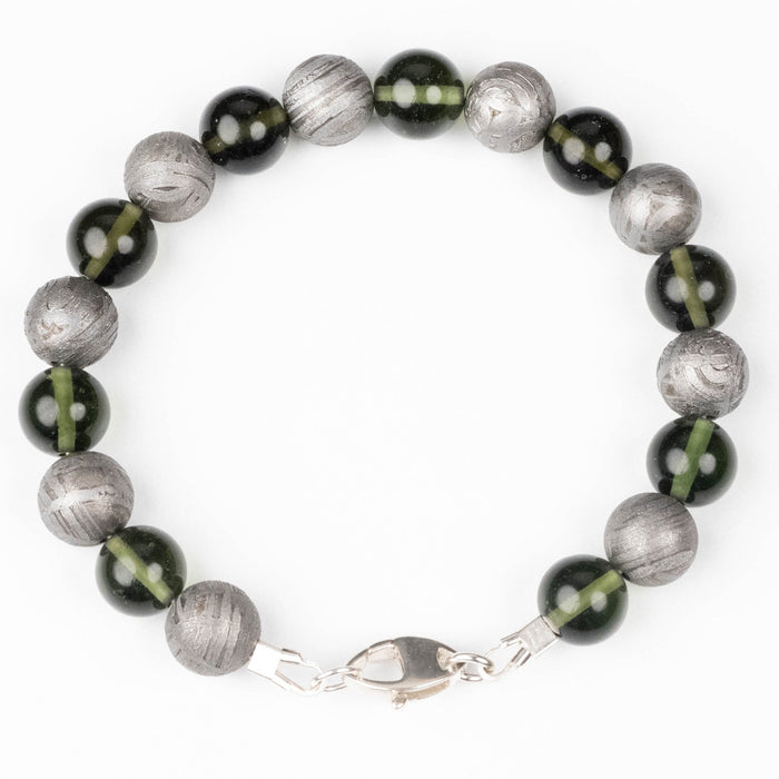 Moldavite + Aletai Meteorite Bead Bracelet 8.25" .925 Silver - InnerVision Crystals