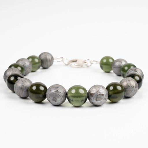 Moldavite + Aletai Meteorite Bead Bracelet 8.25" .925 Silver - InnerVision Crystals