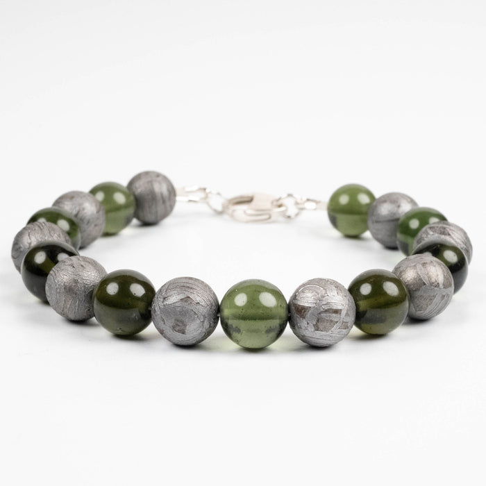 Moldavite + Aletai Meteorite Bead Bracelet 8.25" .925 Silver - InnerVision Crystals