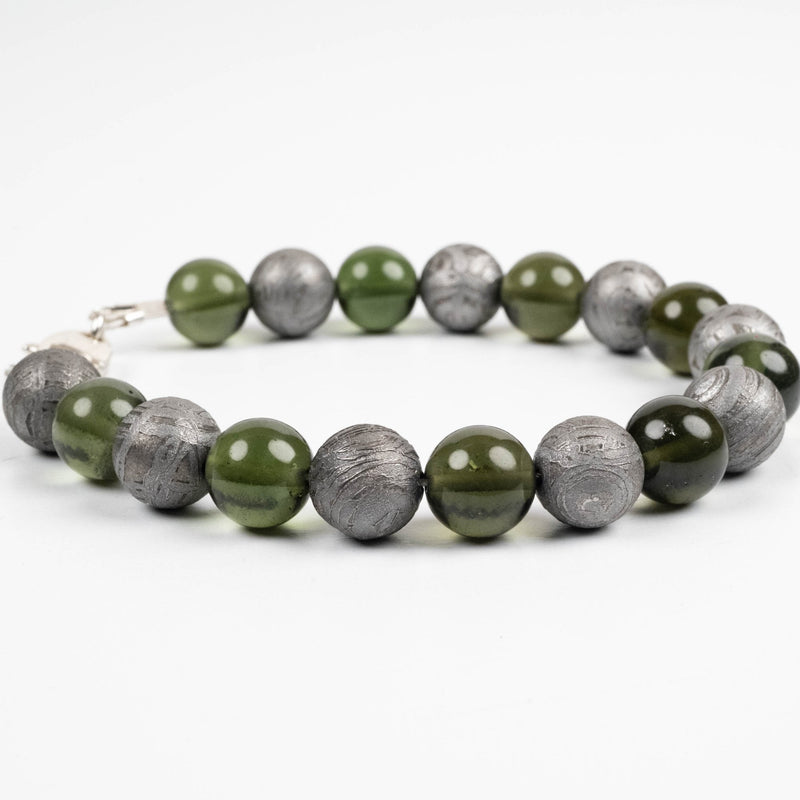 Moldavite + Aletai Meteorite Bead Bracelet 8.25" .925 Silver - InnerVision Crystals