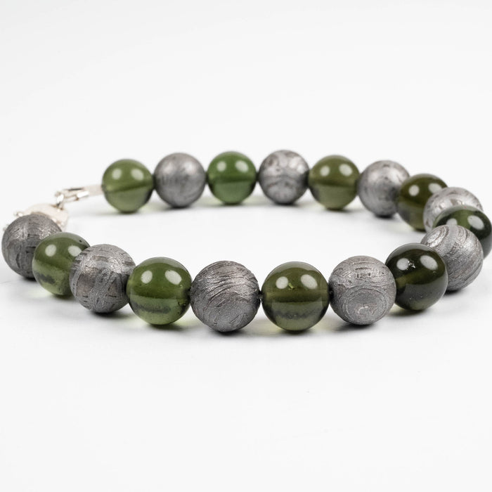 Moldavite + Aletai Meteorite Bead Bracelet 8.25" .925 Silver - InnerVision Crystals