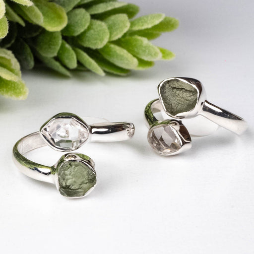 Moldavite + Herkimer Diamond Ring 5 - 7mm Adjustable .925 Silver - InnerVision Crystals