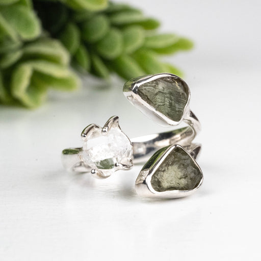 Moldavite + Herkimer Diamond Ring 5mm - 7mm Size 5 .925 Silver - InnerVision Crystals