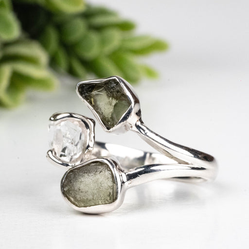 Moldavite + Herkimer Diamond Ring 5mm - 7mm Size 5 .925 Silver - InnerVision Crystals
