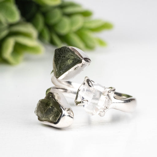 Moldavite + Herkimer Diamond Ring 5mm - 7mm Size 5 .925 Silver - InnerVision Crystals