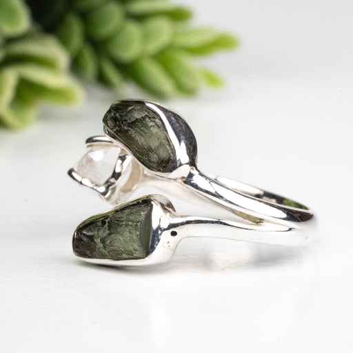 Moldavite + Herkimer Diamond Ring 5mm - 7mm Size 5 .925 Silver - InnerVision Crystals