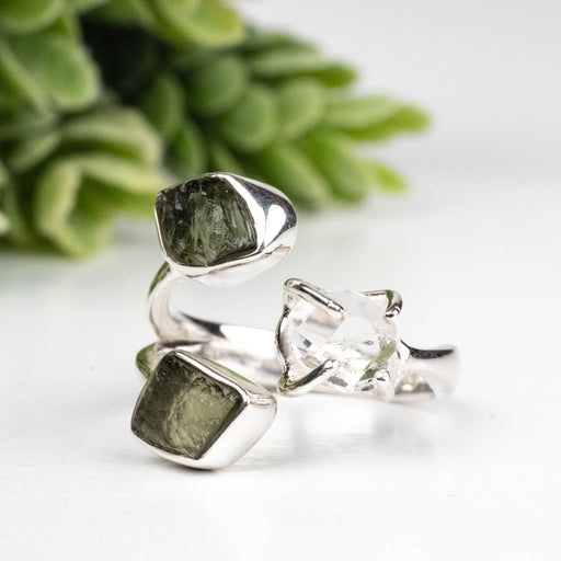 Moldavite + Herkimer Diamond Ring 5mm - 7mm Size 5 .925 Silver - InnerVision Crystals