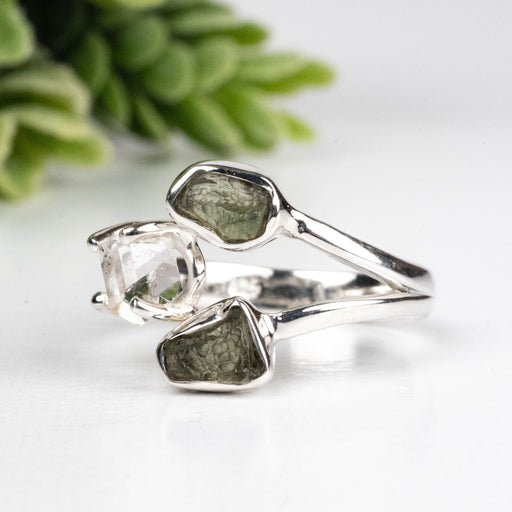 Moldavite + Herkimer Diamond Ring 5mm - 7mm Size 6 .925 Silver - InnerVision Crystals
