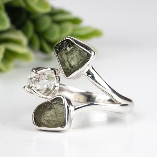 Moldavite + Herkimer Diamond Ring 5mm - 7mm Size 6 .925 Silver - InnerVision Crystals