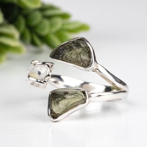 Moldavite + Herkimer Diamond Ring 5mm - 7mm Size 6 .925 Silver - InnerVision Crystals