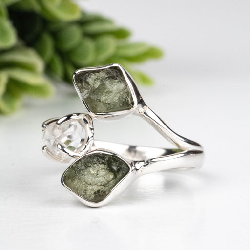 Moldavite + Herkimer Diamond Ring 5mm - 7mm Size 6 .925 Silver - InnerVision Crystals