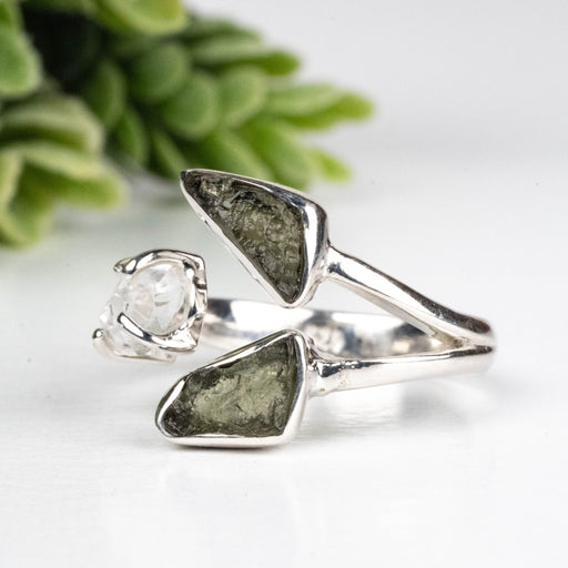 Moldavite + Herkimer Diamond Ring 5mm - 7mm Size 7 .925 Silver - InnerVision Crystals
