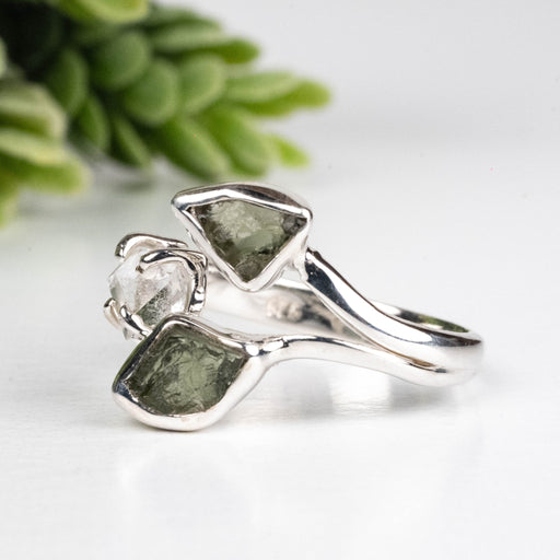Moldavite + Herkimer Diamond Ring 5mm - 7mm Size 7 .925 Silver - InnerVision Crystals